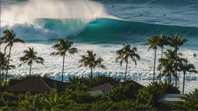 AI-generated image of a large breaking wave at a tropical beach