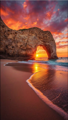 AI-generated sunset beach scene with natural rock arch