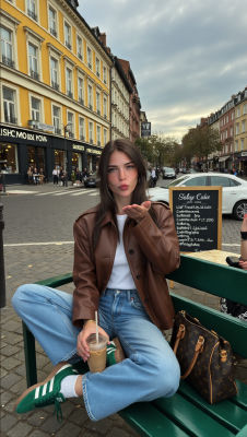 AI-generated image of a woman with a Louis Vuitton bag on a European street
