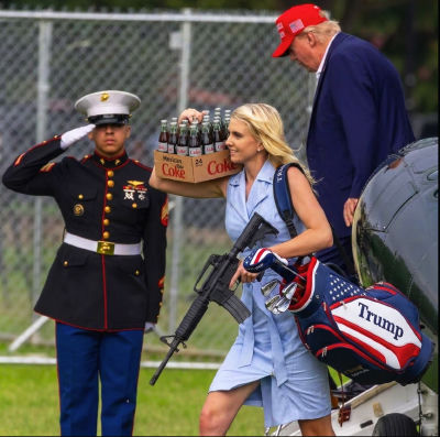 AI-generated satirical image of Donald Trump with a Trump-branded golf bag beside a saluting Marine