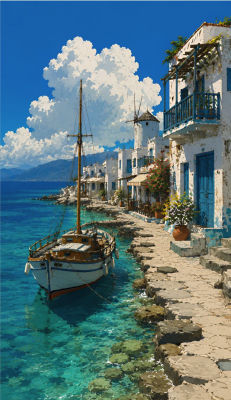 AI-generated illustration of a Mediterranean coastal village with a fishing boat