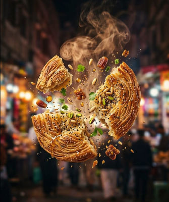 AI-generated image of flatbread bursting mid-air with dates and spices