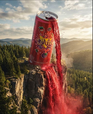 AI-generated image of a giant soft drink can pouring red liquid off a cliff
