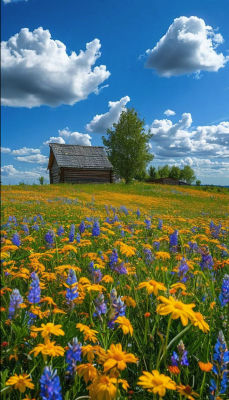 AI-generated landscape with rustic cabin and wildflower meadow