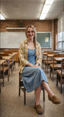 AI-generated image of Mckenna Grace seated in a classroom