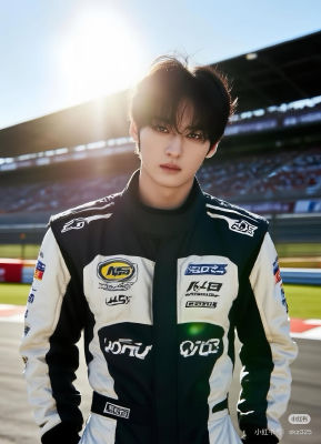 AI-generated image of Lee Minho in a racing jacket at a stadium