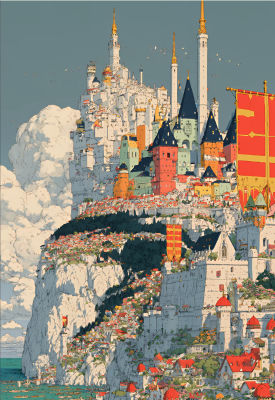 AI-generated fantasy castle city on a coastal cliffside