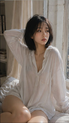 AI-generated image of a woman in an unbuttoned white shirt