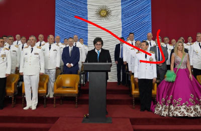 AI-generated image of Javier Milei speaking at a podium before the Argentine flag