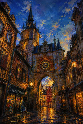 AI-generated painterly rendering of Auxerre's clock tower at dusk