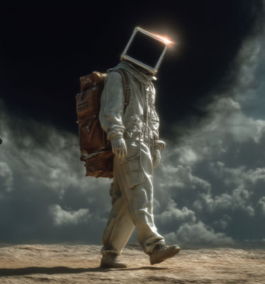AI-generated image of a TV-headed astronaut walking across rocky terrain
