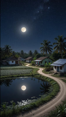 AI-generated moonlit village scene with palm trees and reflecting pond