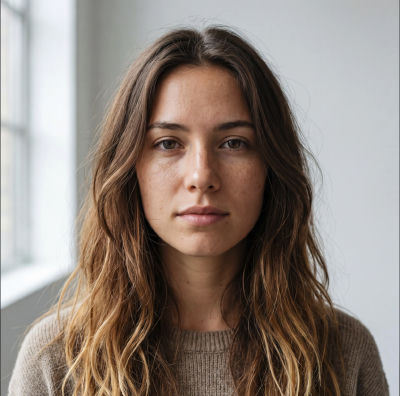 AI-generated portrait of a woman with wavy brown hair