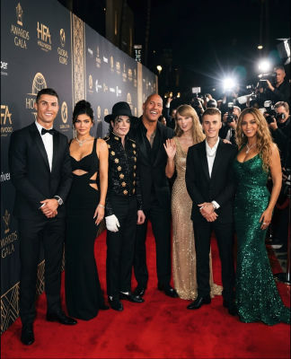 AI-generated red carpet photo of Cristiano Ronaldo, Kylie Jenner, Michael Jackson, Dwayne Johnson, Taylor Swift, Justin Bieber, and Beyoncé at the HFA Hollywood Awards Gala