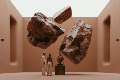 AI-generated surreal gallery scene with two visitors viewing floating rock sculptures
