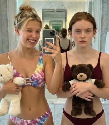 AI-generated image of Millie Bobby Brown and Sadie Sink in swimwear with teddy bears