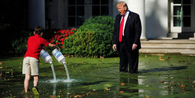 AI-generated image ofDonald Trump watching water poured on a lawn