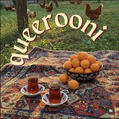 AI-generated image of apricots and tea on a patterned rug