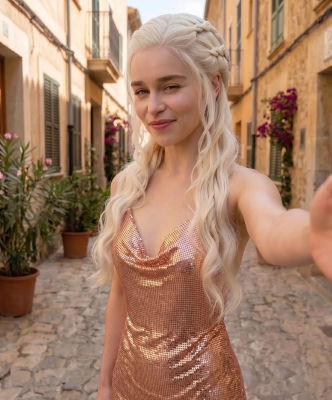 Deepfake of Emilia Clarke in rose-gold sequin dress in a Mediterranean alley