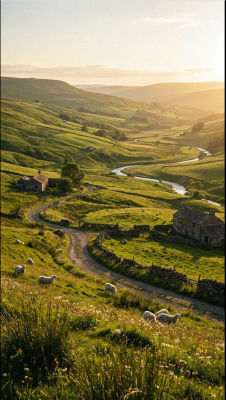 AI-generated pastoral landscape of rolling green hills with stone farmhouses at sunset