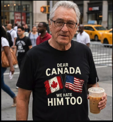 Deepfake image of Robert De Niro wearing 'Dear Canada, We Hate Him Too' shirt