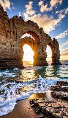 AI-generated coastal landscape with rock arch at sunset