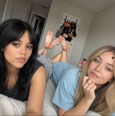 AI-generated image of Jenna Ortega and Sydney Sweeney in a bedroom selfie