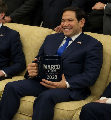 AI-generated image of Marco Rubio holding a 'Marco Rubio 2028' campaign mug