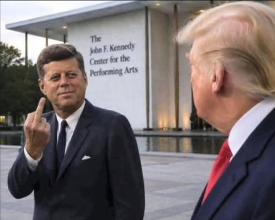 AI-generated image of John F. Kennedy and another man at the Kennedy Center