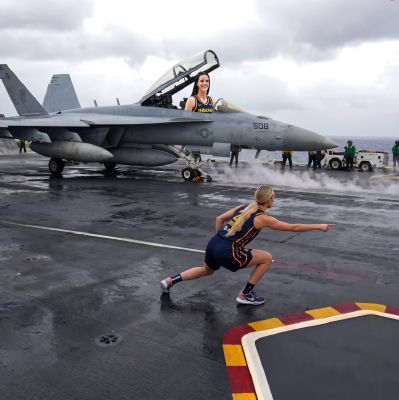 AI-generated image of Indiana Fever basketball players on a Navy aircraft carrier