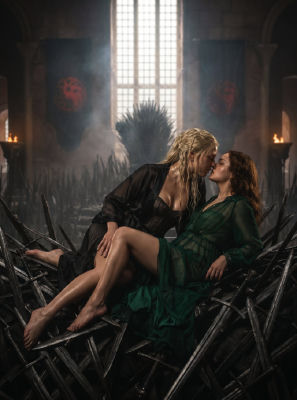AI-generated image of Emma D'Arcy and Olivia Cooke posed on the Iron Throne