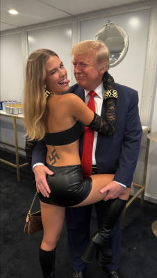 Deepfake of Donald Trump in suggestive embrace with a woman bearing swastika imagery