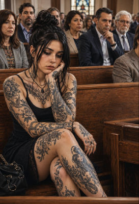 AI-generated image of Katey Sagal at a church service