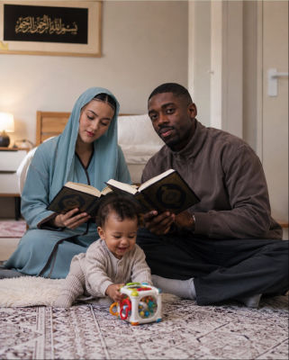 AI-generated image of a family reading religious texts with a child