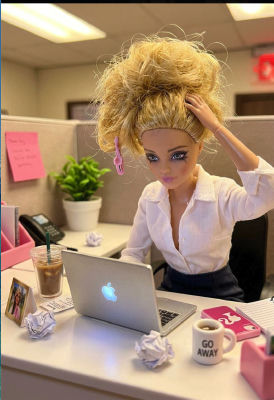 AI-generated image of a doll at an office cubicle