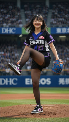 AI-generated image of a woman in a Japanese baseball uniform mid-pitch