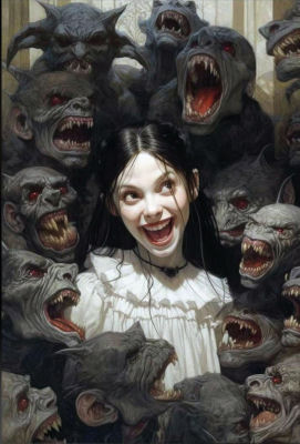 AI-generated illustration of a woman surrounded by snarling demonic creatures