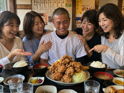 AI-generated image appearing to show a man and group of unidentified woman at a Japanese restaurant