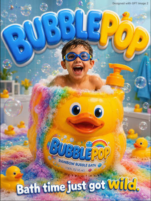 AI-generated 'BubblePop Rainbow Bubble Bath' advertisement featuring a child