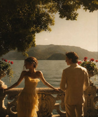 AI-generated image of a couple on a lakeside terrace
