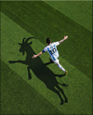 AI-generated image of Lionel Messi celebrating with goat-shaped shadow