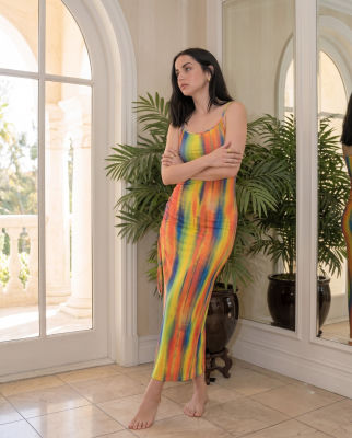 Deepfake image of Ana de Armas in a colorful striped dress