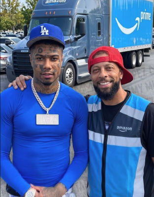 AI-generated photo of Blueface posing with an Amazon delivery driver
