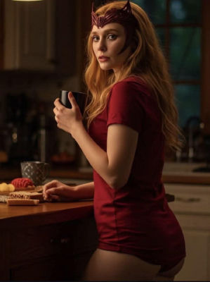 AI-generated image of Elizabeth Olsen as Wanda Maximoff in a kitchen scene