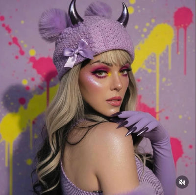 AI-generated portrait of a woman in purple horn hat and dramatic makeup
