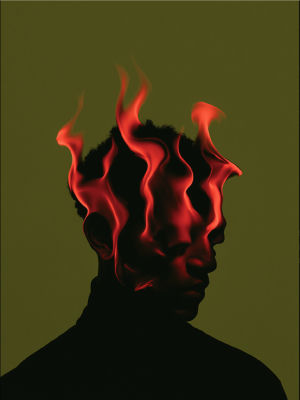 AI-generated silhouette portrait of a figure with red flame-like tendrils