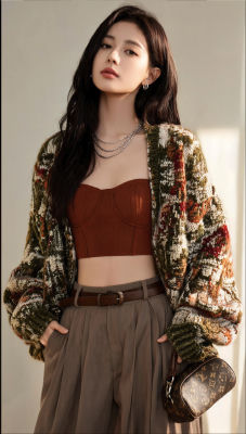 AI-generated image of a woman in a bustier top and patterned cardigan
