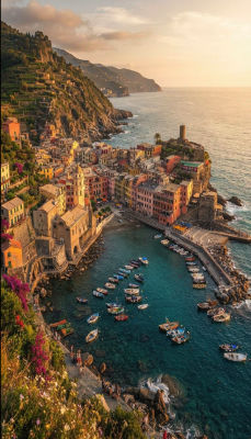 AI-generated image of a Cinque Terre-style coastal village at sunset