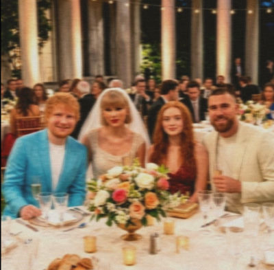 Deepfake of Taylor Swift, Ed Sheeran, and Travis Kelce at a wedding reception