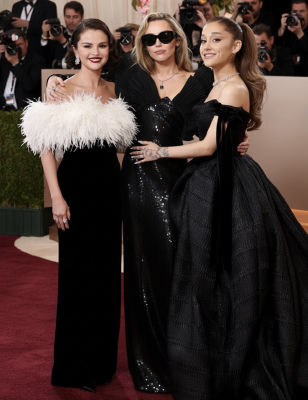 AI-generated image of Ariana Grande, Miley Cyrus, and Selena Gomez at a red carpet event